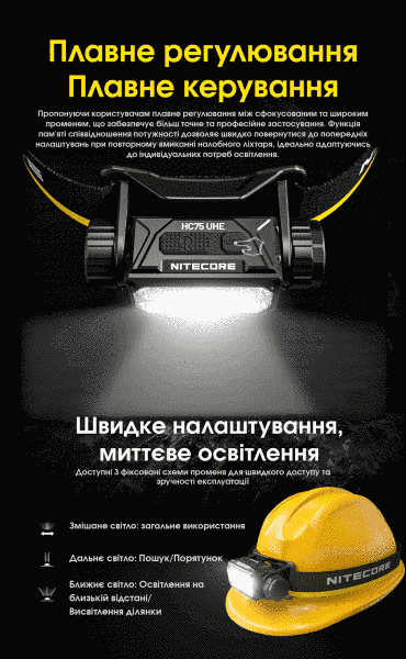 Ліхтар налобний Nitecore HC75 UHE (8xNiteLab UHE LED, 3000 люмен, 10 режимів, 1x21700, USB-C) HC75 UHE фото