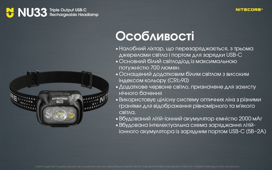 Ліхтар налобний Nitecore NU33 (700 люмен, 9 режимів, USB-C) NU33 фото