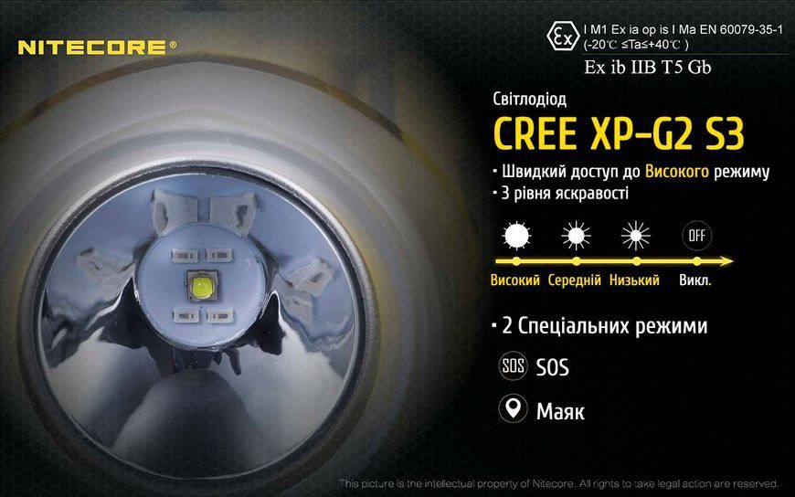 Ліхтар налобний, вибухозахищений Nitecore EH1, 6500К (Сree XP-G2 S3, 260 люмен, 2x18650) EH1 фото