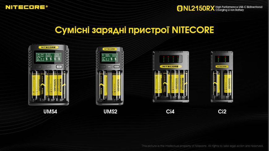 2в1 Акумулятор літієвий Li-Ion 21700 + Power Bank Nitecore NL2150RX 3.6V (5000mAh, USB Type-C), захищений NL2150RX фото