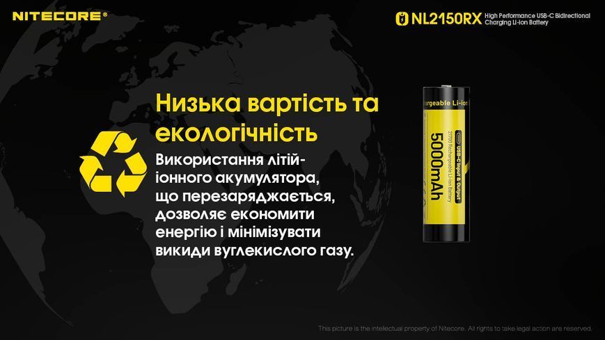 2в1 Акумулятор літієвий Li-Ion 21700 + Power Bank Nitecore NL2150RX 3.6V (5000mAh, USB Type-C), захищений NL2150RX фото