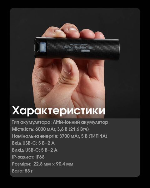2в1 Зовнішнє джерело живлення для налобних ліхтарів + Power Bank Nitecore Carbon Battery 6K (Карбон, червоний маяк, 6000mAh, IP68) Carbon Battery 6K фото