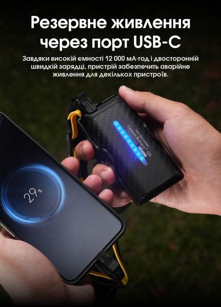 2в1 Зовнішнє джерело живлення для налобних ліхтарів Power Bank Nitecore Carbon Battery 12K Kit (Карбон, червоний маяк, 12000mAh, IP68), комплект Carbon Battery 12K Kit фото
