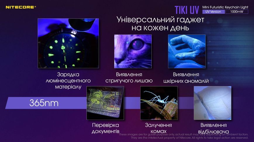 Ліхтар наключний ультрафіолетовий Nitecore Tiki UV (UV 1 Вт, 365 нм, CRI 70 Lm, 5 режимів, USB-C) Tiki UV фото