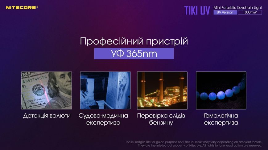 Ліхтар наключний ультрафіолетовий Nitecore Tiki UV (UV 1 Вт, 365 нм, CRI 70 Lm, 5 режимів, USB-C) Tiki UV фото