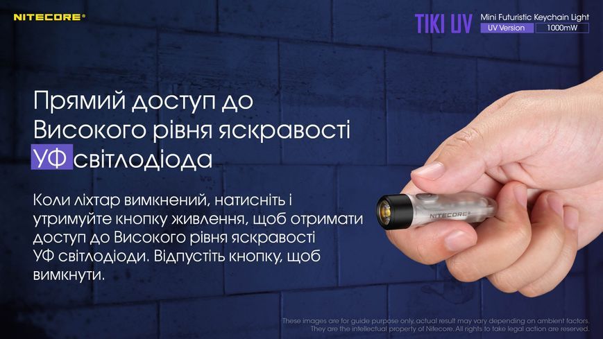 Ліхтар наключний ультрафіолетовий Nitecore Tiki UV (UV 1 Вт, 365 нм, CRI 70 Lm, 5 режимів, USB-C) Tiki UV фото
