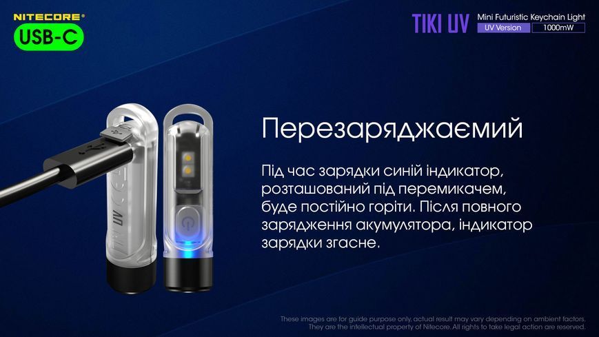 Ліхтар наключний ультрафіолетовий Nitecore Tiki UV (UV 1 Вт, 365 нм, CRI 70 Lm, 5 режимів, USB-C) Tiki UV фото