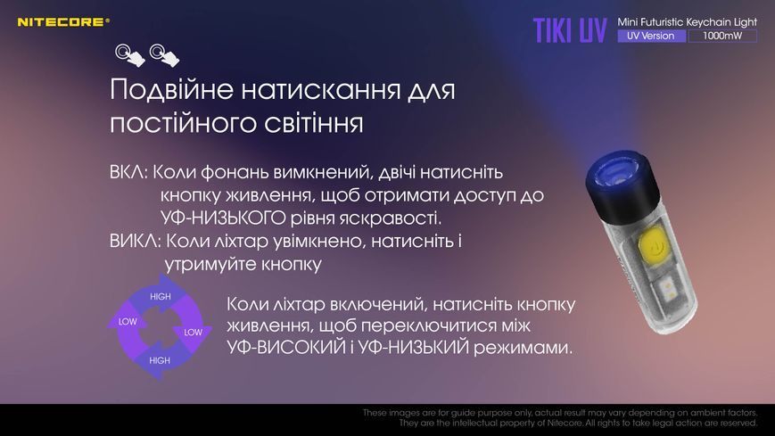 Ліхтар наключний ультрафіолетовий Nitecore Tiki UV (UV 1 Вт, 365 нм, CRI 70 Lm, 5 режимів, USB-C) Tiki UV фото