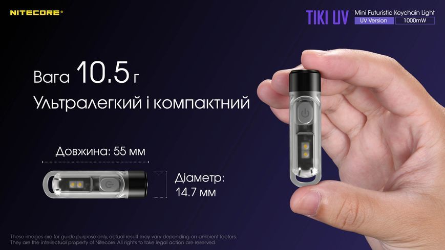 Ліхтар наключний ультрафіолетовий Nitecore Tiki UV (UV 1 Вт, 365 нм, CRI 70 Lm, 5 режимів, USB-C) Tiki UV фото