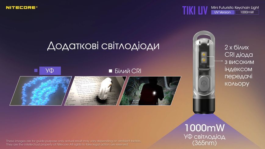 Ліхтар наключний ультрафіолетовий Nitecore Tiki UV (UV 1 Вт, 365 нм, CRI 70 Lm, 5 режимів, USB-C) Tiki UV фото