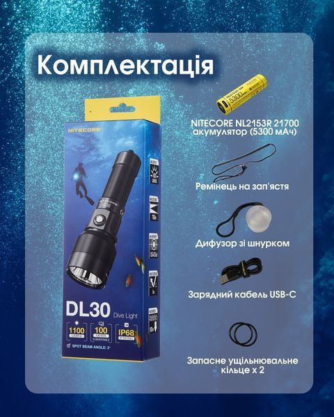 Ліхтар підводний Nitecore DL30 (1100 люмен, 9 режимів, 1х21700, USB-C) DL30 фото