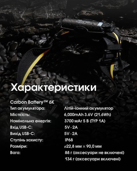 2в1 Зовнішнє джерело живлення для налобних ліхтарів Power Bank Nitecore Carbon Battery&trade; 6K Kit (Карбон, червоний маяк, 6000mAh, IP68), комплект Carbon Battery 6K Kit фото