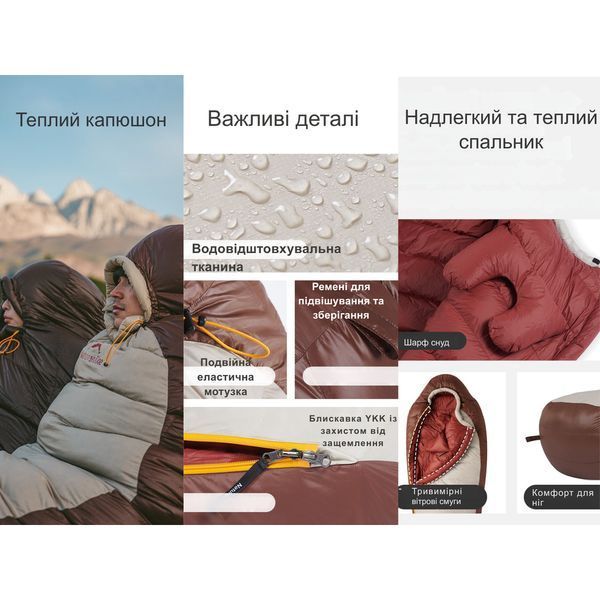 Спальник з натуральним пухом Naturehike Snowbird CNK2550WS014, p-р L, темно-коричневий 400 г atlantxml_71466 фото