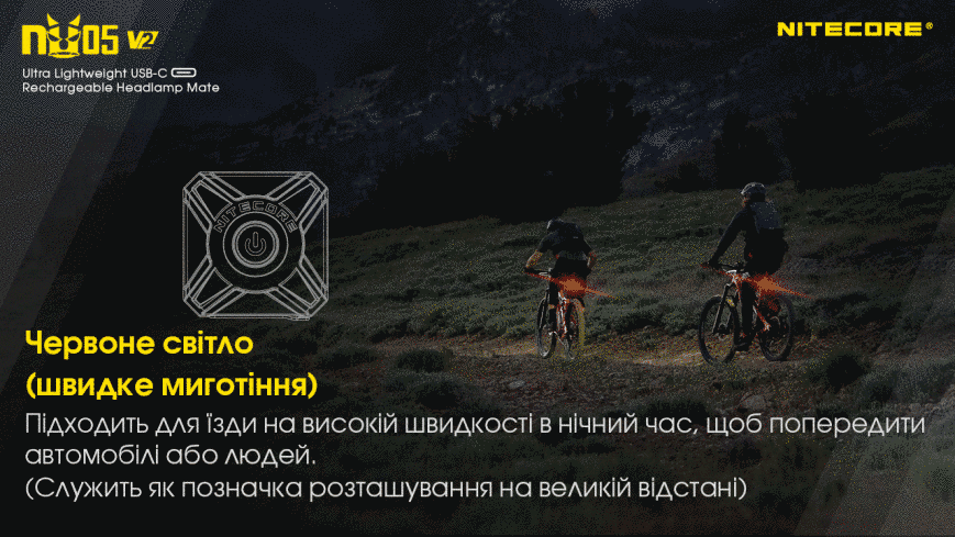 2в1 - Ліхтар налобний + велосипедний маяк Nitecore NU05 KIT V2 (2xWhite LED + 2xRed LED, 40 люмен, 5 режимів, USB-C) NU05 V2 фото