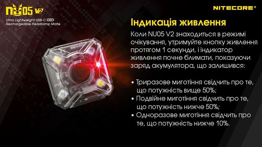 2в1 - Ліхтар налобний + велосипедний маяк Nitecore NU05 KIT V2 (2xWhite LED + 2xRed LED, 40 люмен, 5 режимів, USB-C) NU05 V2 фото