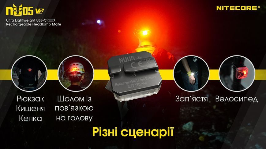 2в1 - Ліхтар налобний + велосипедний маяк Nitecore NU05 KIT V2 (2xWhite LED + 2xRed LED, 40 люмен, 5 режимів, USB-C) NU05 V2 фото