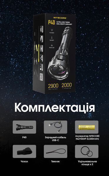 2в1 - Ліхтар лазерний + заливний прожектор Nitecore P40 (2000 люмен, 10 режимів, 1x21700, USB Type-C), комплект P40 фото