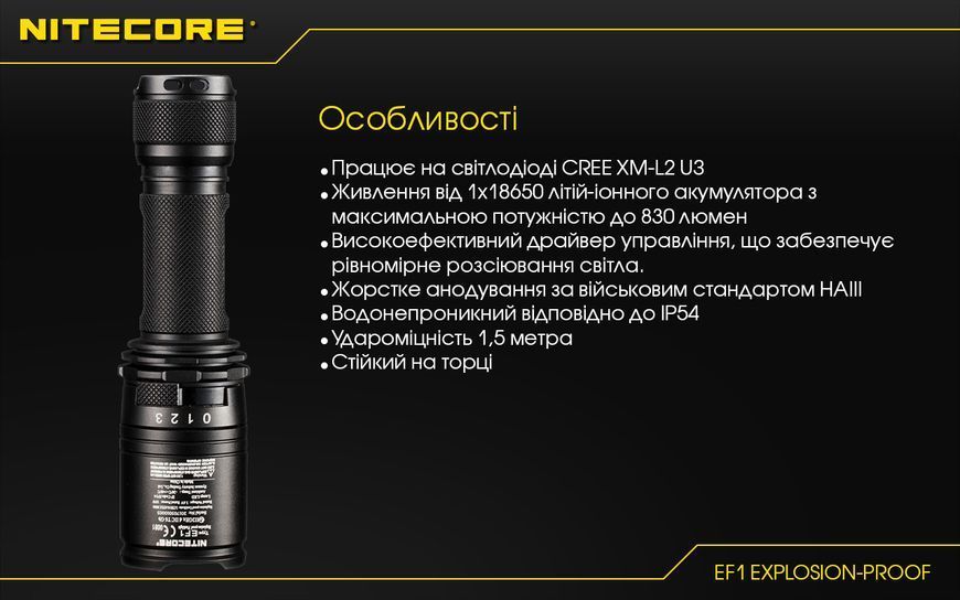 Ліхтар вибухозахищений Nitecore EF1 (Сree XM-L2 U3, 830 люмен, 1x18650) EF1 фото