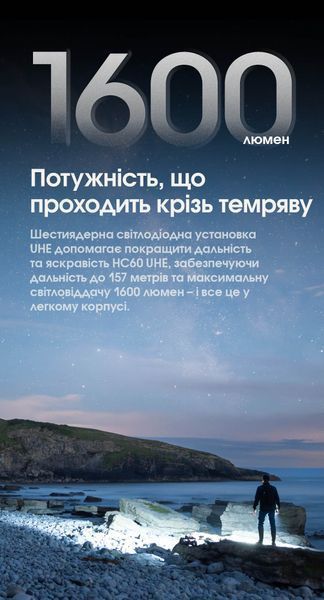 Ліхтар налобний Nitecore HC60 UHE (5 x NiteLab UHE LED, 1600 люмен, 10 режимів, 1x18650, USB Type-C) HC60 UHE фото
