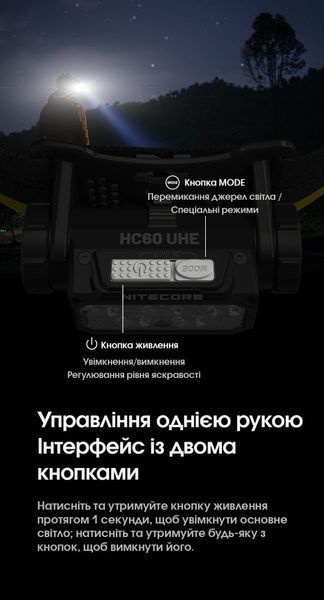 Ліхтар налобний Nitecore HC60 UHE (5 x NiteLab UHE LED, 1600 люмен, 10 режимів, 1x18650, USB Type-C) HC60 UHE фото