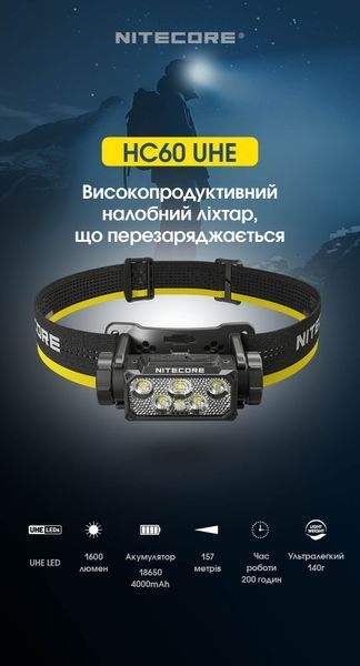 Ліхтар налобний Nitecore HC60 UHE (5 x NiteLab UHE LED, 1600 люмен, 10 режимів, 1x18650, USB Type-C) HC60 UHE фото