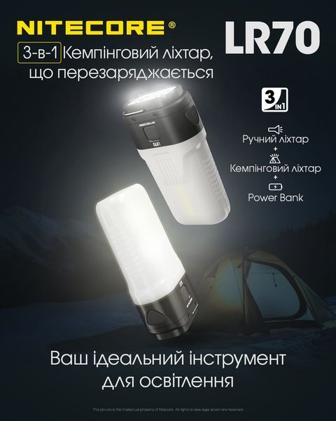 4в1 - Ліхтар кемпінговий, ручний + Power Bank + зарядний Nitecore LR70 (400 люмен, 3000 люмен, Red 10 люмен, 1-2x21700, USB Type-C) LR70 фото