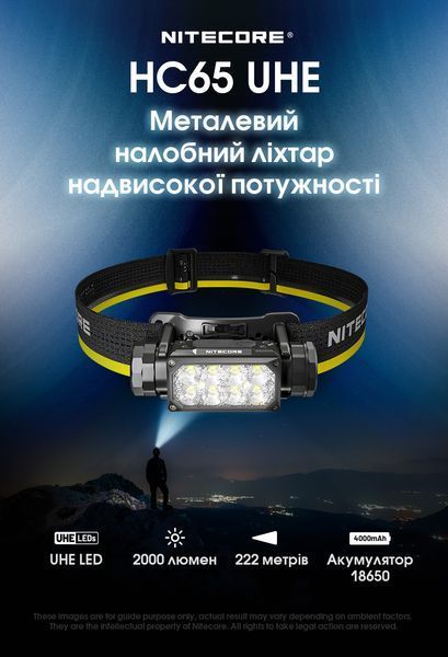 Ліхтар налобний Nitecore HC65 UHE (8 x NiteLab UHE LED, 2000 люмен, 11 режимів, 18650, USB Type-C), сірий HC65 UHE фото