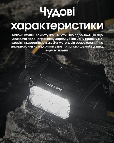 Ліхтар налобний Nitecore HC65 UHE (8 x NiteLab UHE LED, 2000 люмен, 11 режимів, 18650, USB Type-C), сірий HC65 UHE фото