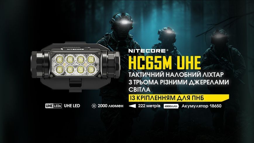 Ліхтар налобний Nitecore HC65M UHE (8 x NiteLab UHE LED, 2000 люмен, 11 режимів, 18650, USB Type-C) HC65M UHE фото