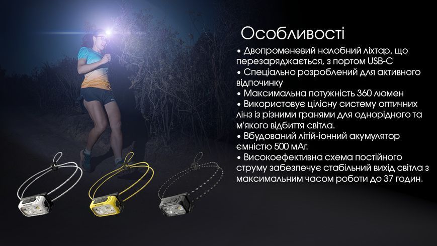 Ліхтар налобний Nitecore NU21 (360 люмен, 8 режимів, USB-C), жовтий NU21 фото