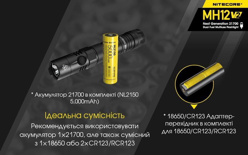 Ліхтар Nitecore MH12 V2 (Сree XP-L2 V6, 1200 люмен, 7 режимів, 1х21700, 1х18650, USB Type-C) MH12 V2 фото