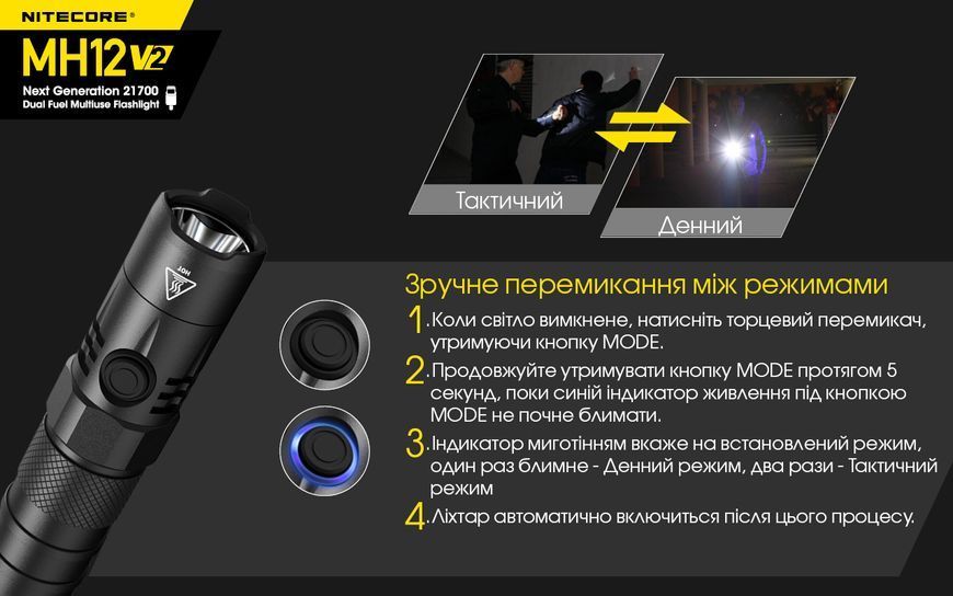 Ліхтар Nitecore MH12 V2 (Сree XP-L2 V6, 1200 люмен, 7 режимів, 1х21700, 1х18650, USB Type-C) MH12 V2 фото