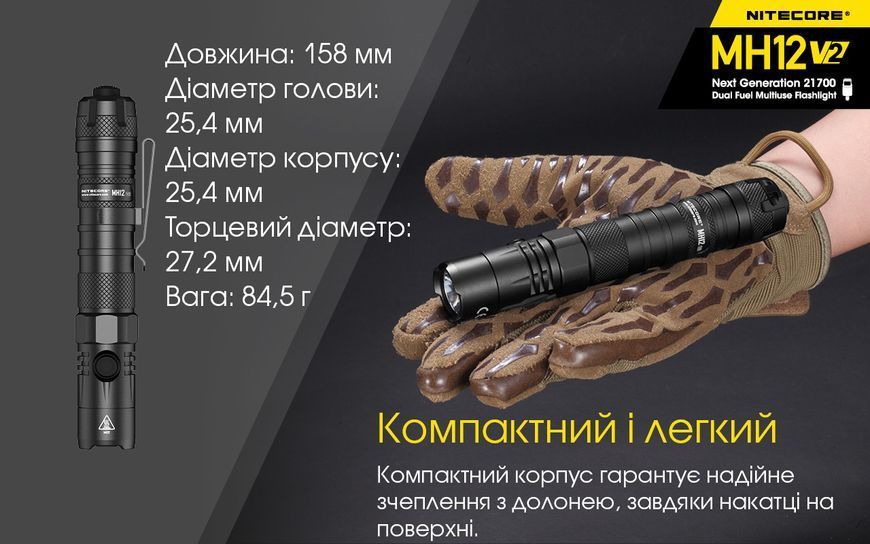 Ліхтар Nitecore MH12 V2 (Сree XP-L2 V6, 1200 люмен, 7 режимів, 1х21700, 1х18650, USB Type-C) MH12 V2 фото