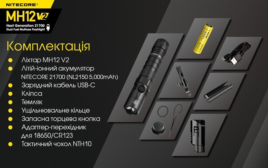 Ліхтар Nitecore MH12 V2 (Сree XP-L2 V6, 1200 люмен, 7 режимів, 1х21700, 1х18650, USB Type-C) MH12 V2 фото