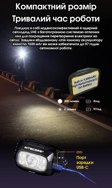 Ліхтар налобний Nitecore NU30 2024 (500 люмен, 3 режими, IP68, USB-С), чорний NU30 NEW 2024 фото