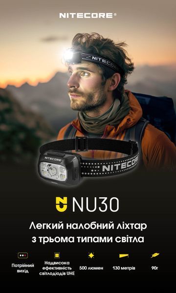 Ліхтар налобний Nitecore NU30 2024 (500 люмен, 3 режими, IP68, USB-С), чорний NU30 NEW 2024 фото