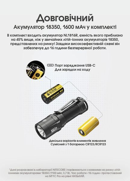 Ліхтар Nitecore MT1C Pro (UHi 20 LED, 1100 люмен, 2 режими, 1x18350, 1xCR123) MT1C Pro фото