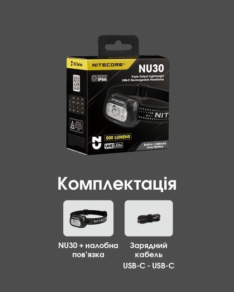 Ліхтар налобний Nitecore NU30 2024 (500 люмен, 3 режими, IP68, USB-С), чорний NU30 NEW 2024 фото