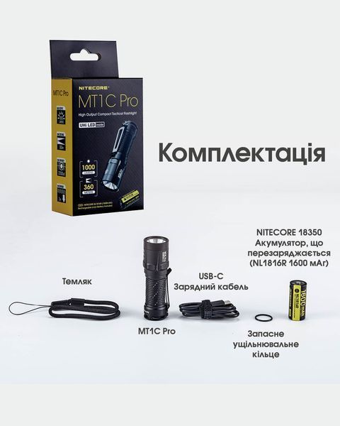 Ліхтар Nitecore MT1C Pro (UHi 20 LED, 1100 люмен, 2 режими, 1x18350, 1xCR123) MT1C Pro фото