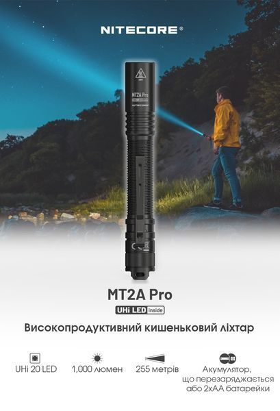 Ліхтар Nitecore MT2A Pro (UHi 20 LED, 1000 люмен, 3 режими, 2xAA, 1xNL1416R) MT2A Pro фото