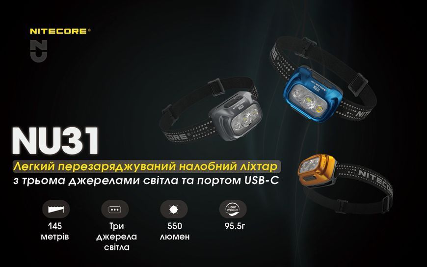 Ліхтар налобний Nitecore NU31 (Білий + Червоний LED, 550 люмен, 9 режимів, USB-C), помаранчевий NU31 фото